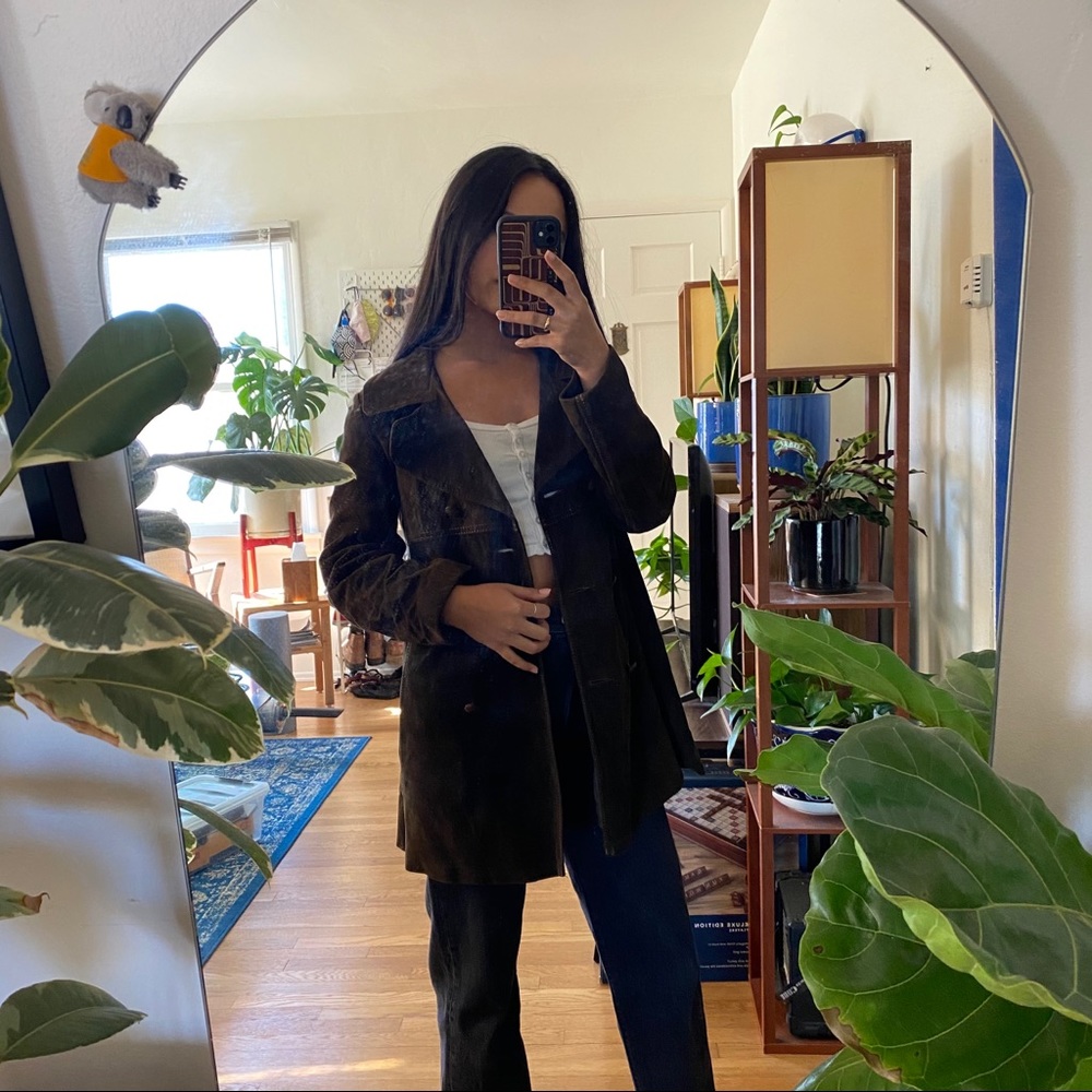 Genuine Suede Leather Vintage Pea Coat Jacket